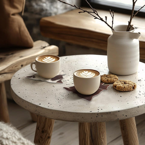 Hushee cowhide coaster under tea cup showcases natural textures
