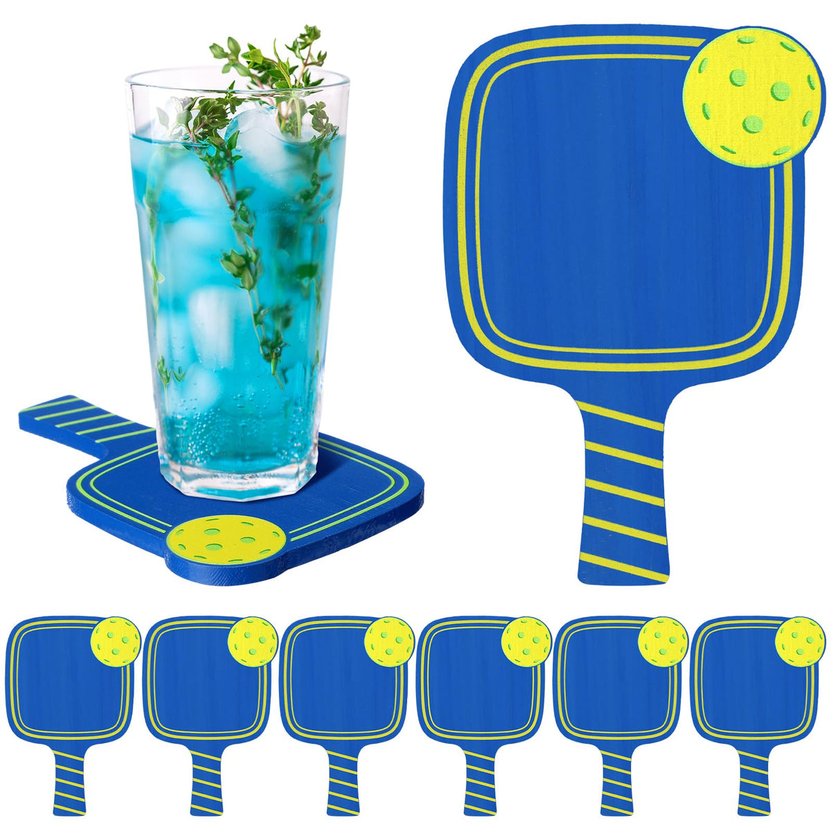 Hushee Dinkball blue paddle coaster for protecting surfaces from heat and moisture.