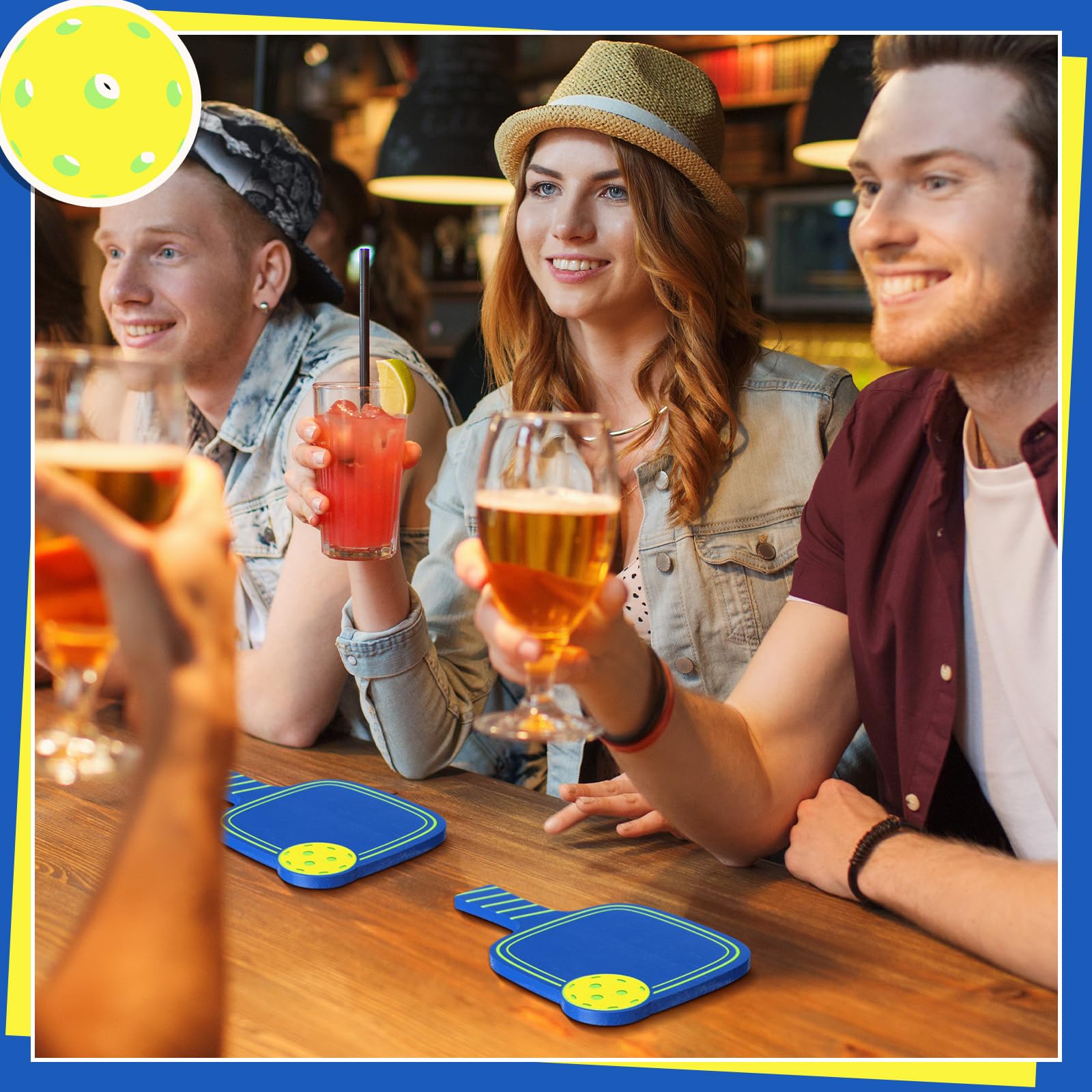Hushee Dinkball blue pine wood coaster set offers portable style for outdoor picnics.