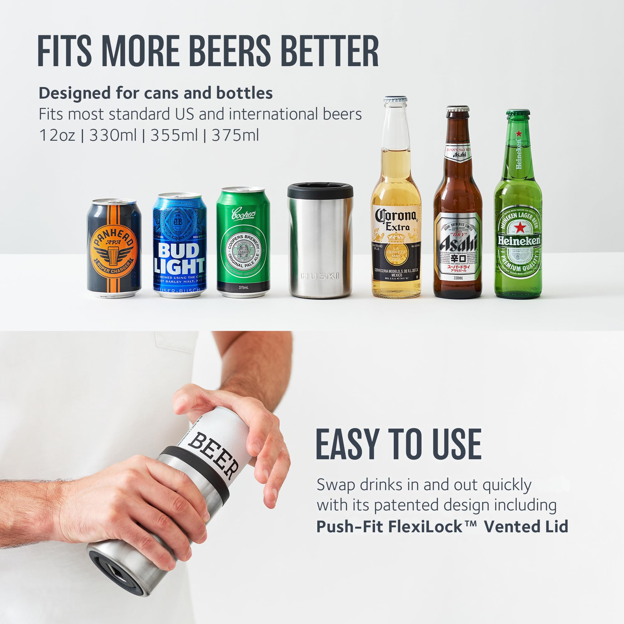 Huski Beer Cooler 2.0 fits most cans and bottles for versatility.