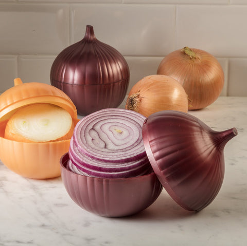 Hutzler Onion Saver in fridge helps locate sliced onions and reduces fridge odor.
