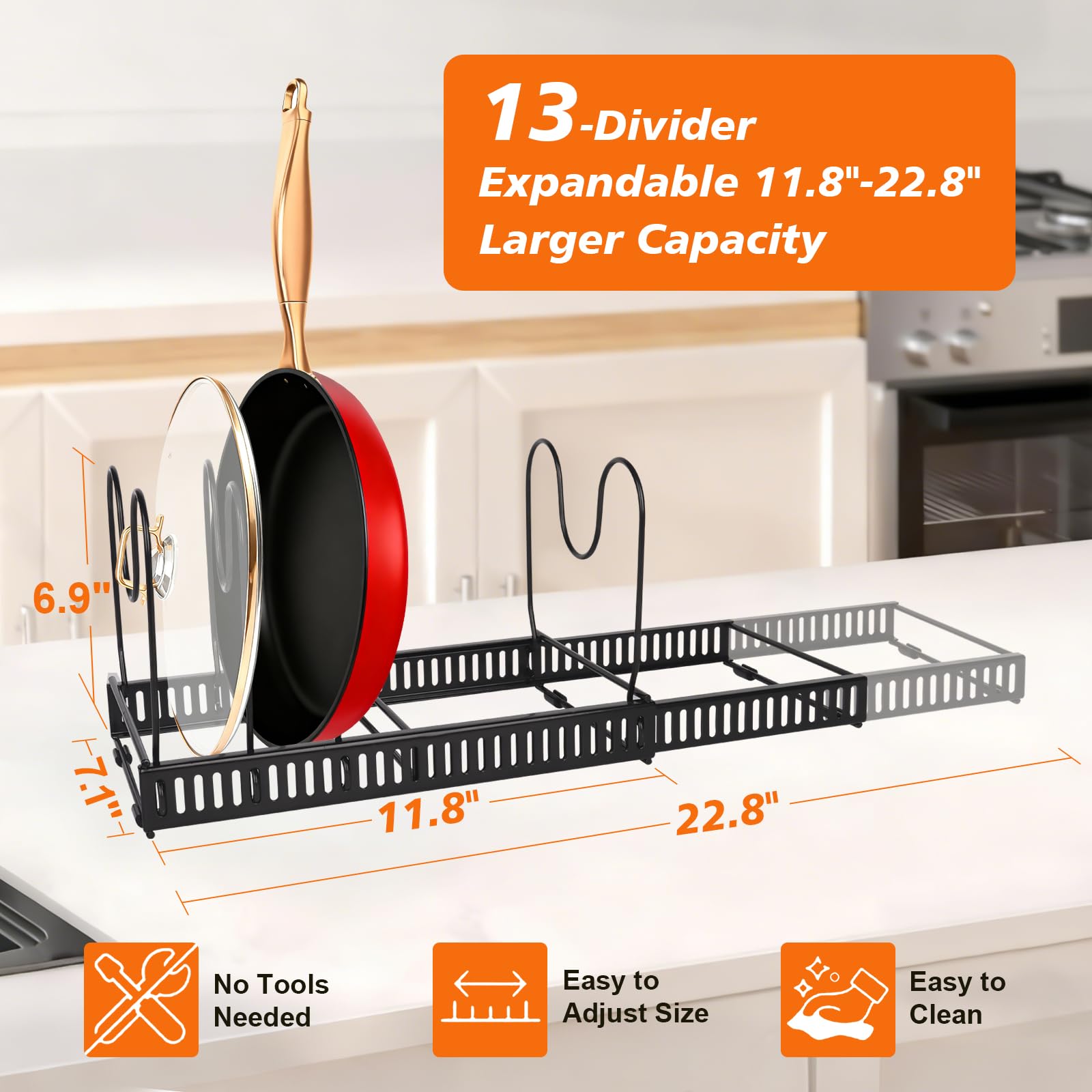 HuuDraLono 13-divider storage lets you tailor lid and pan widths.