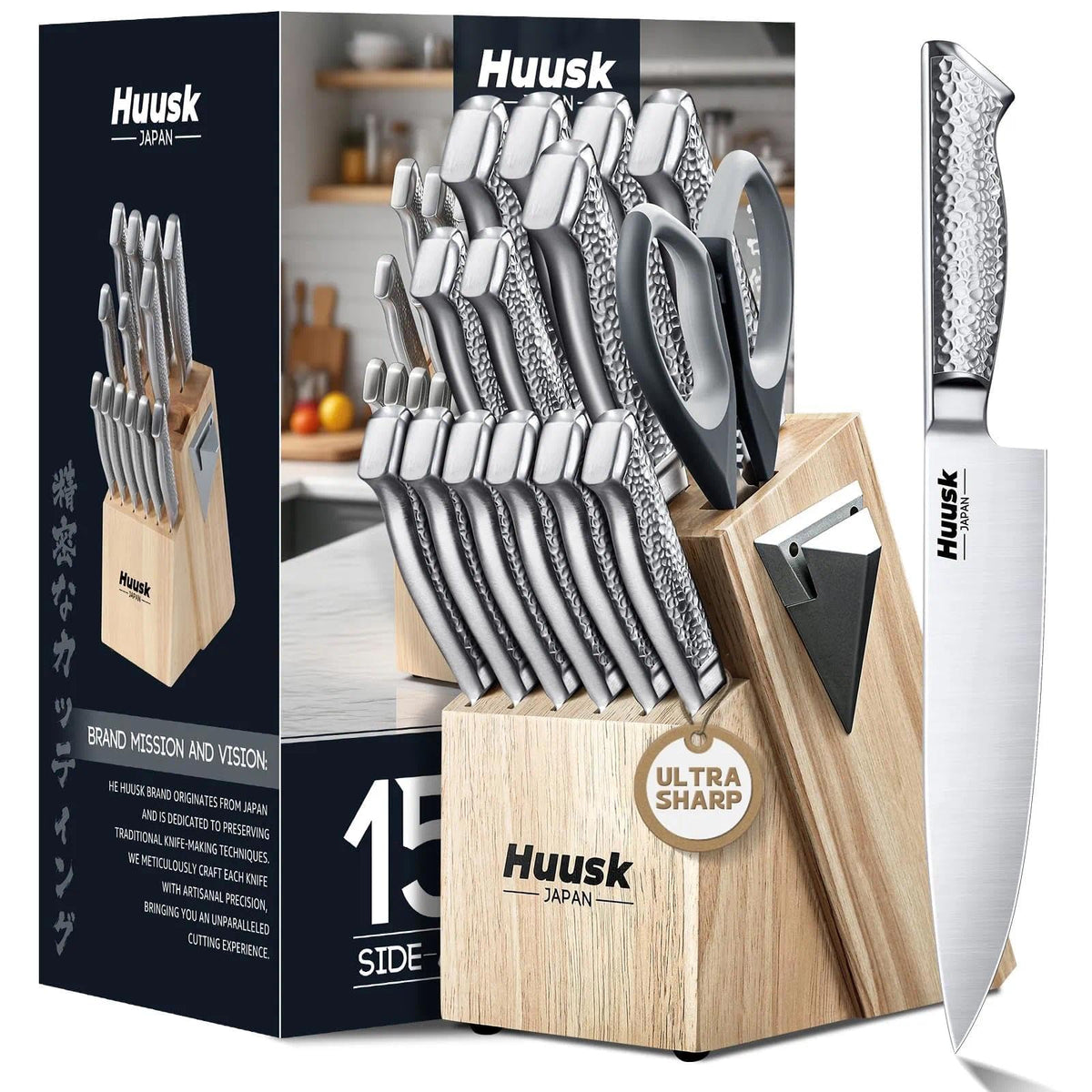 Huusk 15-piece set displayed in a wooden block with built-in sharpener for organized prep.