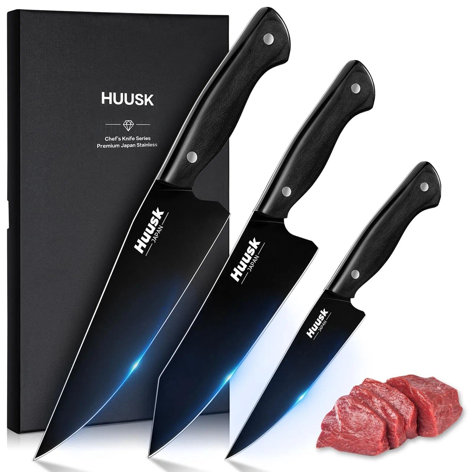 Huusk 3-piece knife set in full view, versatile for home cooking.