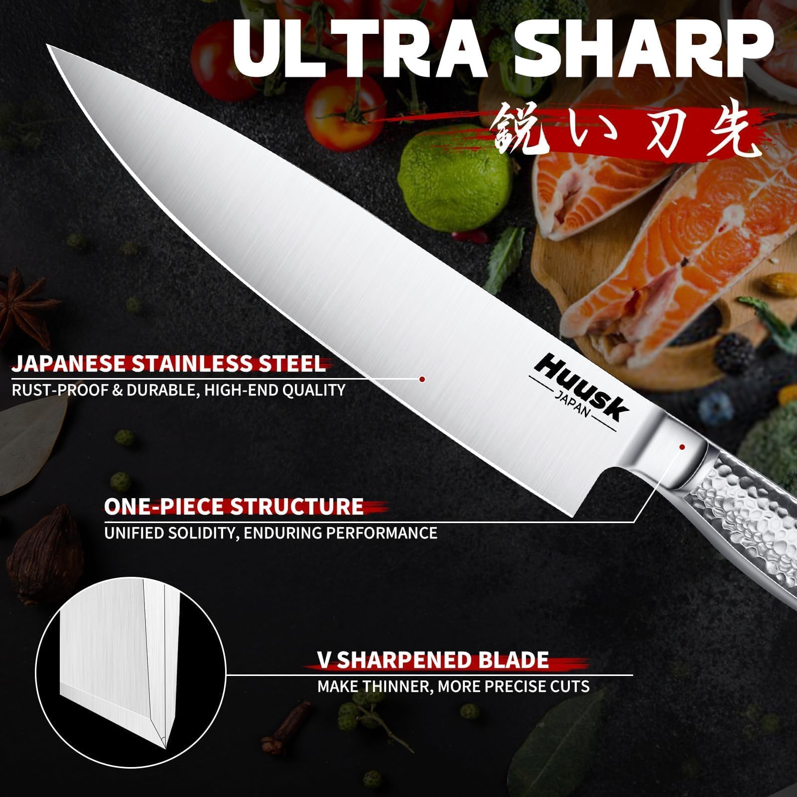 Huusk 8-inch chef knife ready for precise slicing and prep.