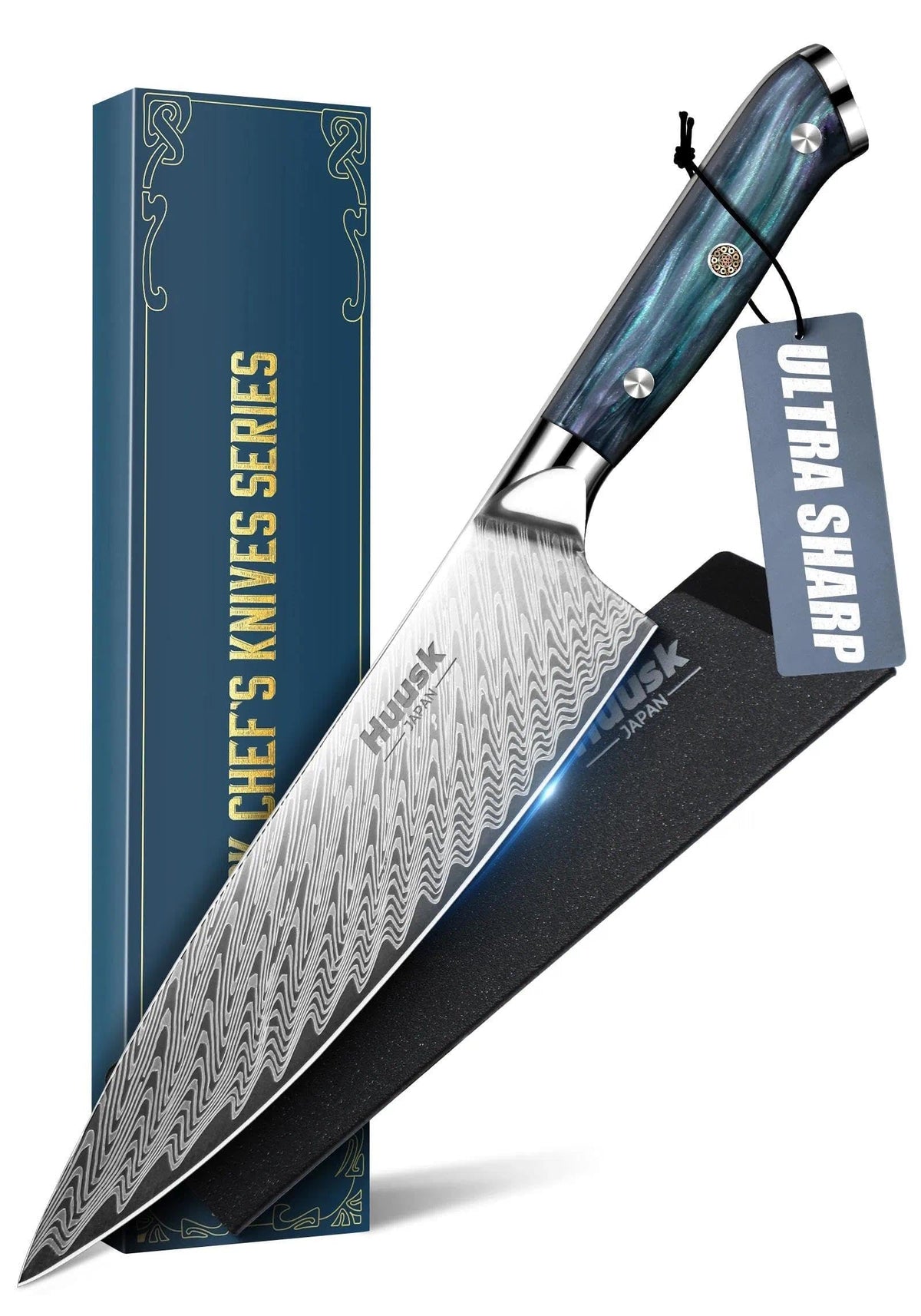 Huusk 8-inch chef knife blade close-up showing a sharp edge for precise slicing