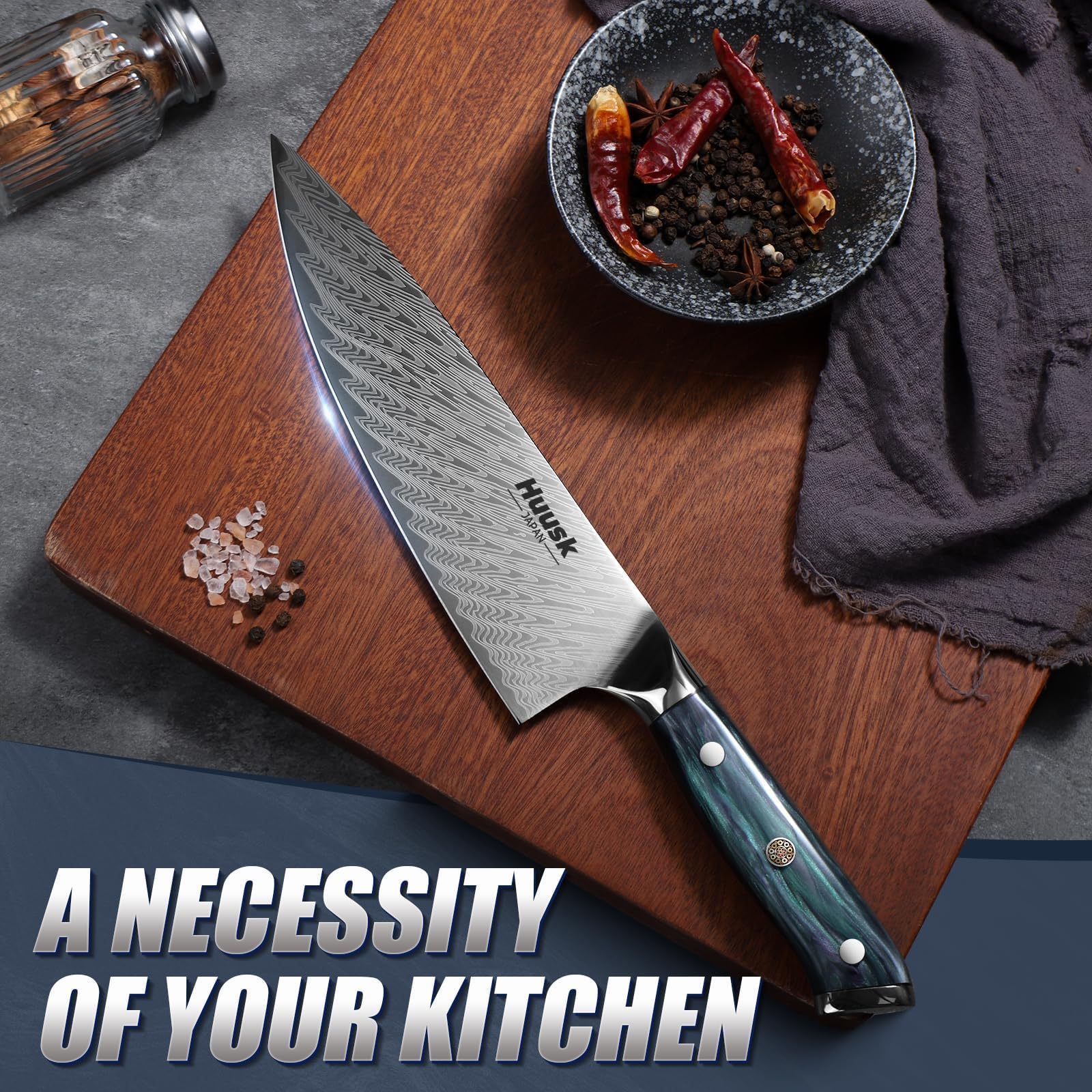 Huusk 8-inch chef knife in use slicing vegetables on a cutting board
