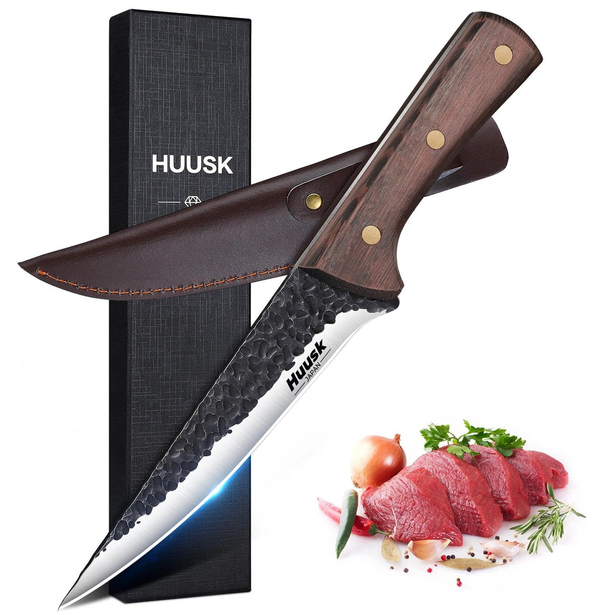 Huusk boning knife blade close-up highlighting a sharp edge for precise trimming