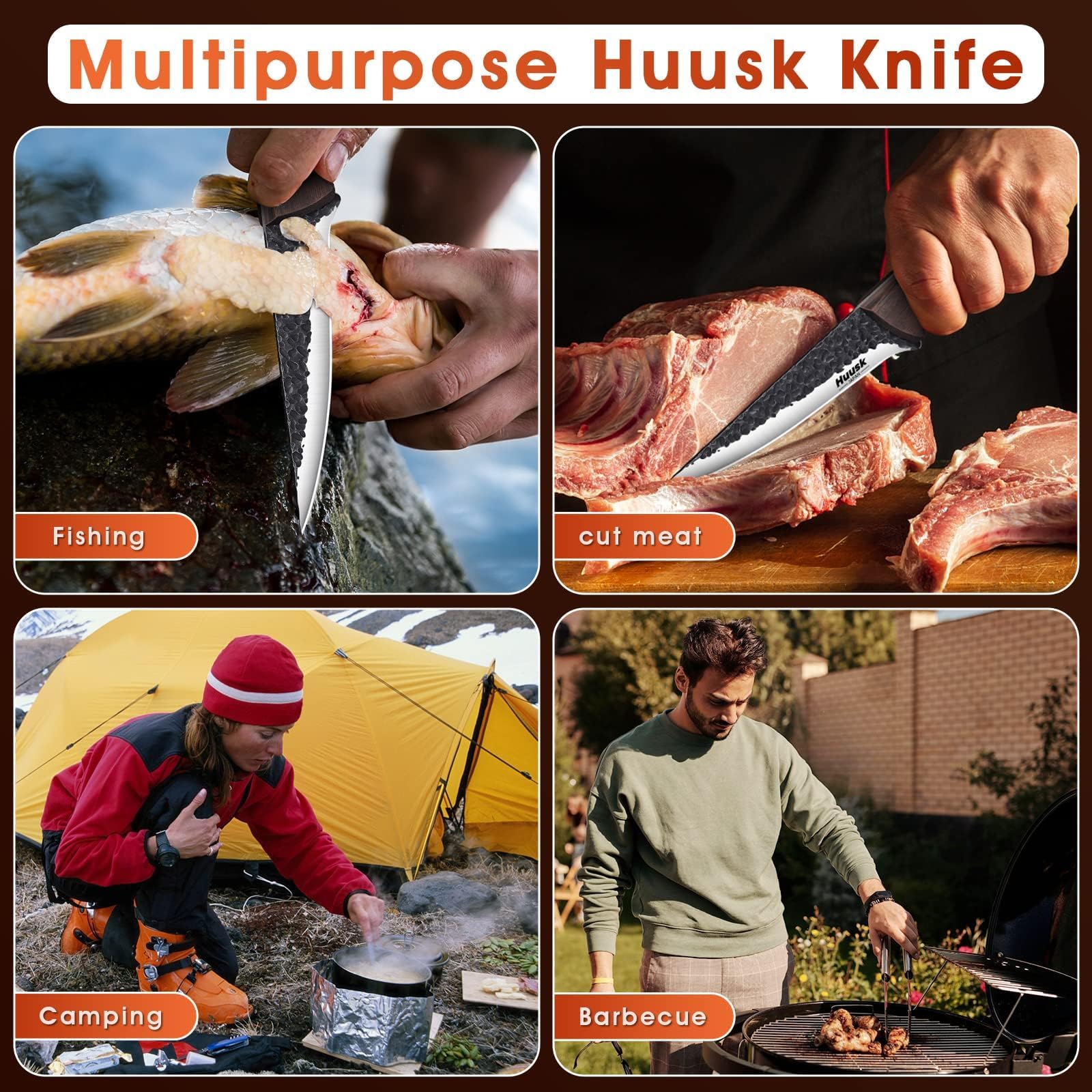 Premium high carbon steel Huusk knife offers sharpness and edge retention