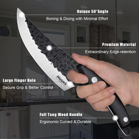 Huusk boning knife leather sheath enables belt carry for outdoor use.