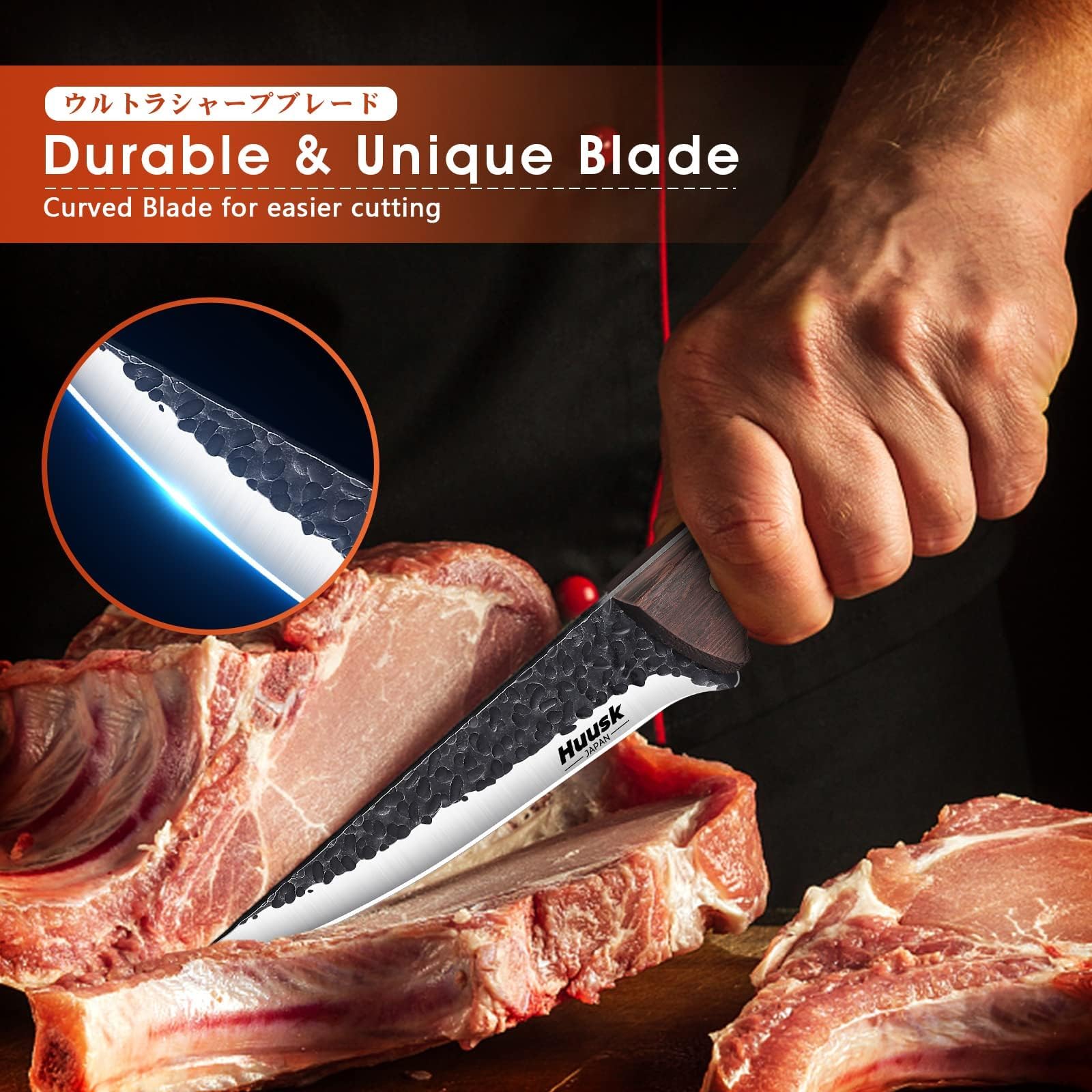 Huusk boning knife in action cutting meat showing control and clean results