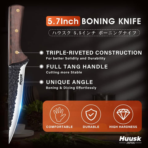 Huusk boning knife with full tang handle and wood texture for durability
