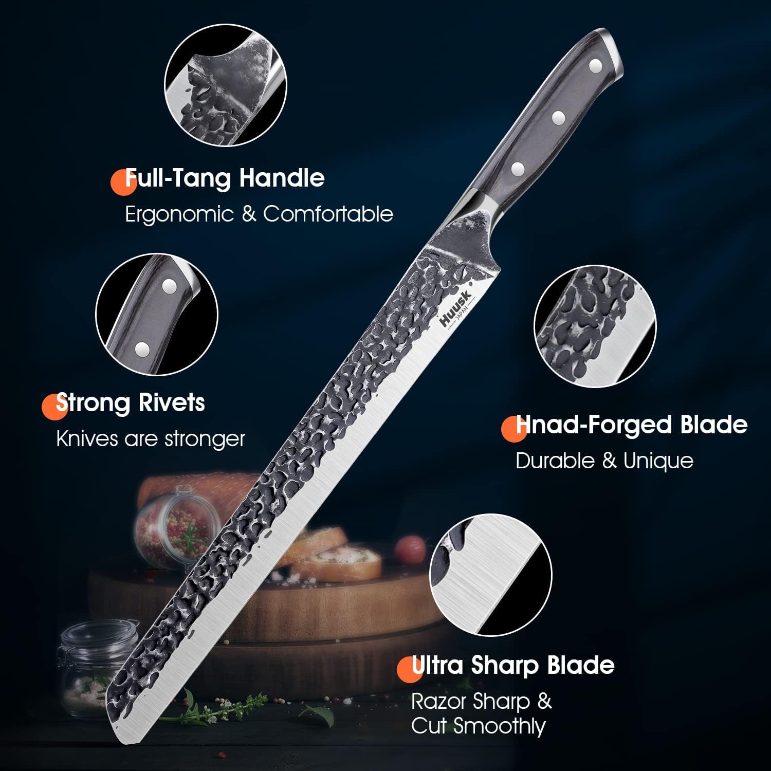 Huusk brisket knife with wooden riveted handle on board.
