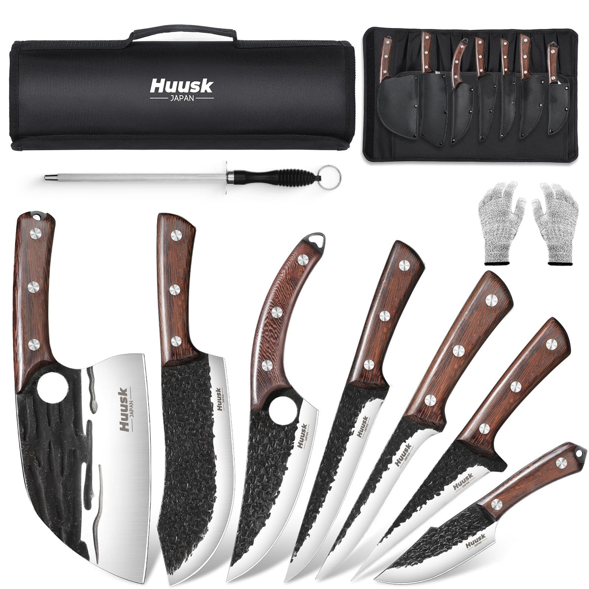 Huusk butcher knife set with roll bag for organized storage and transport.