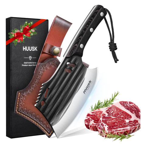 Huusk butcher knife blade close-up showing sharp edge for precise cuts