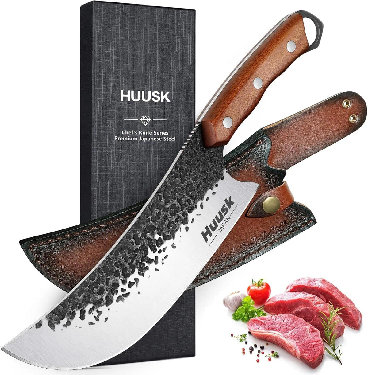 Huusk butcher knife with curved blade for efficient rocking cuts.