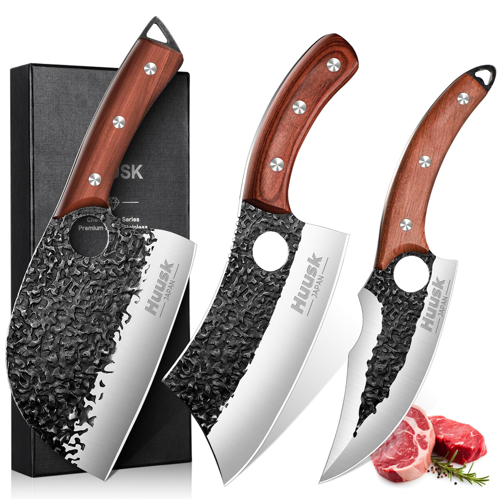 Huusk butcher knife set full view shows versatile blades for meat prep