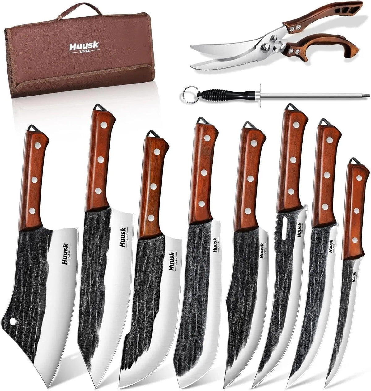 Huusk butcher knife set in roll bag for portable, organized cooking on the go.