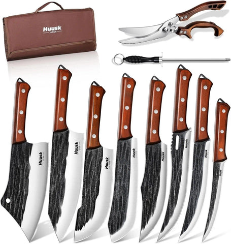 Huusk butcher knife set in roll bag for portable, organized cooking on the go.