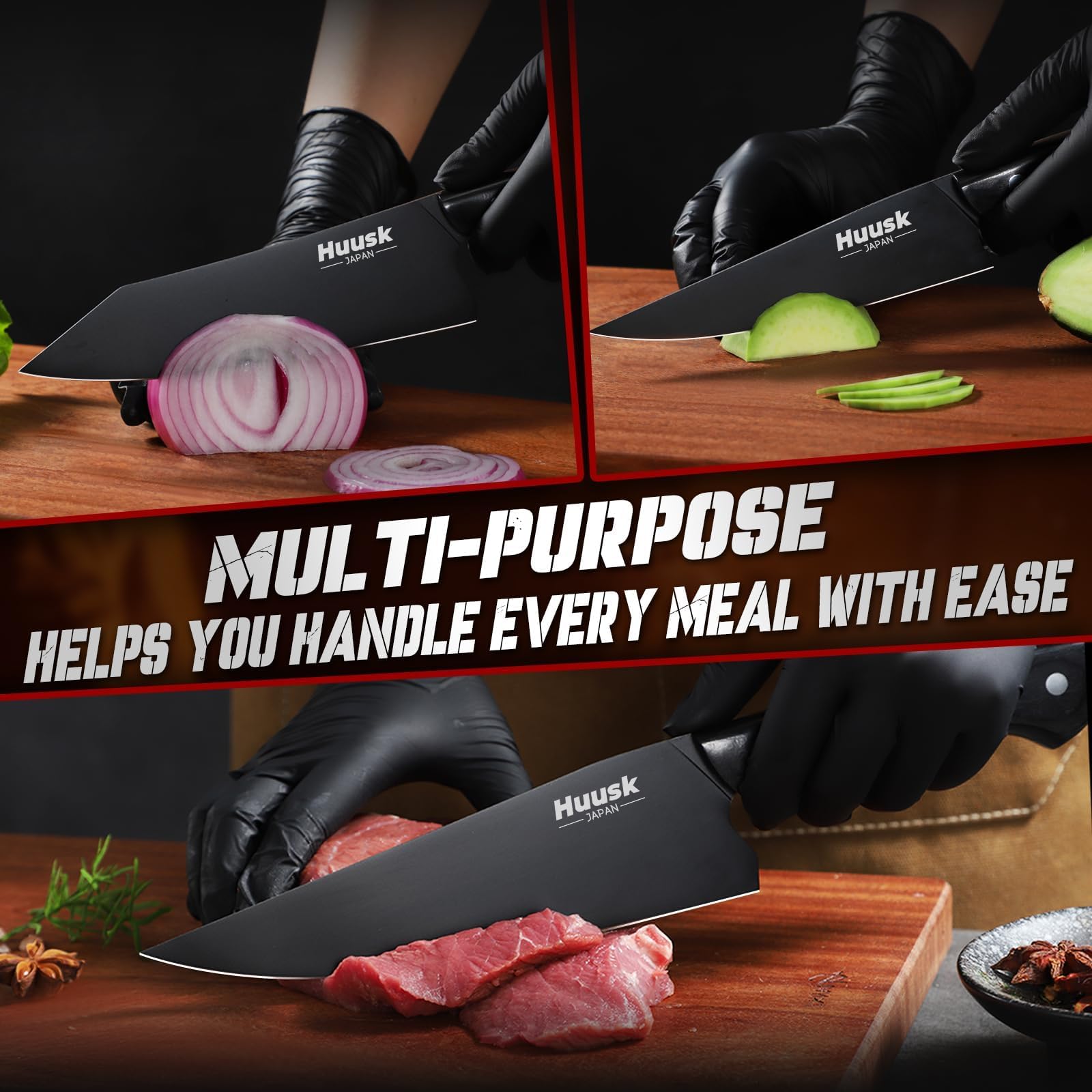 Huusk chef knife with black titanium coating for smooth vegetable slicing.