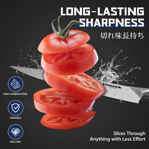 Huusk chef knife blade close-up with ultra sharp edge for clean slicing
