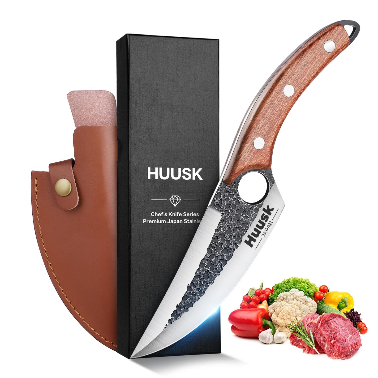 Huusk chef knife with sheath ready for kitchen prep and travel use
