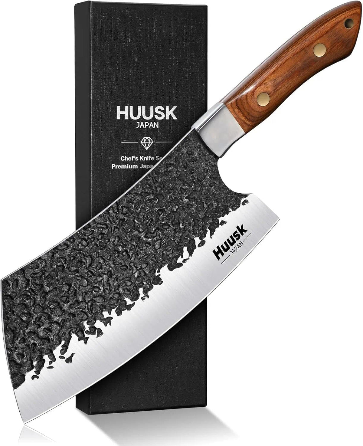 Huusk cleaver 7-inch hammered blade for efficient meat cutting at home.