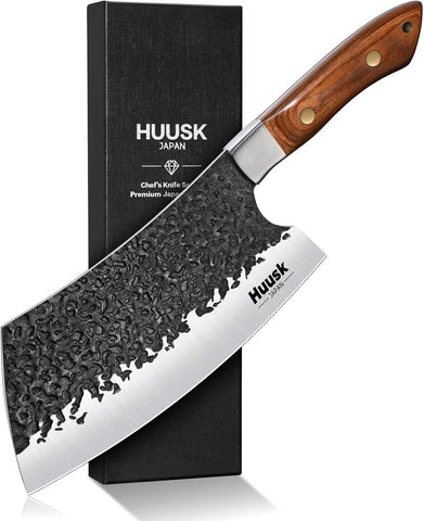 Huusk cleaver 7-inch hammered blade for efficient meat cutting at home.