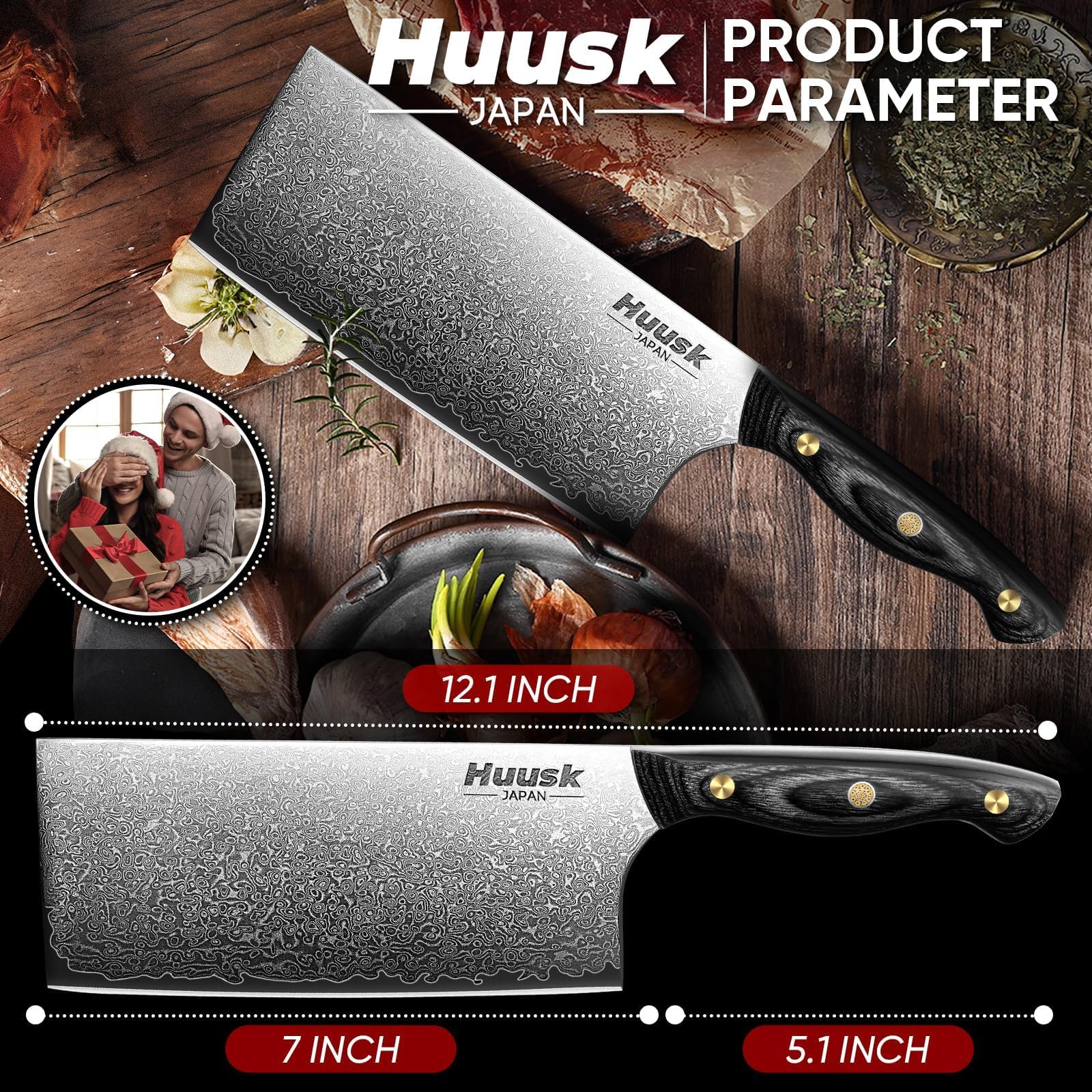 Huusk cleaver in use cutting vegetables and meat with steady control.