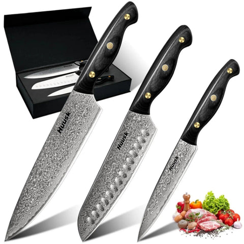 Huusk Damascus chef knife set with rich Damascus patterns for premium kitchen appeal