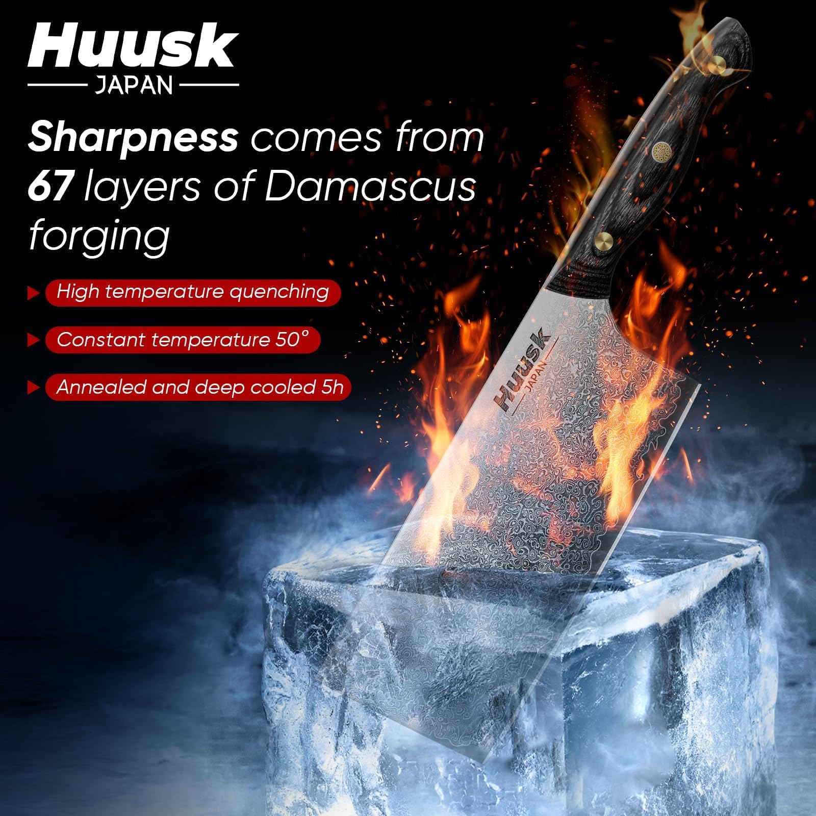Huusk Damascus cleaver 7-inch wide blade ready for large ingredients.