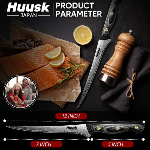 Huusk fillet knife in kitchen ready for seafood prep.