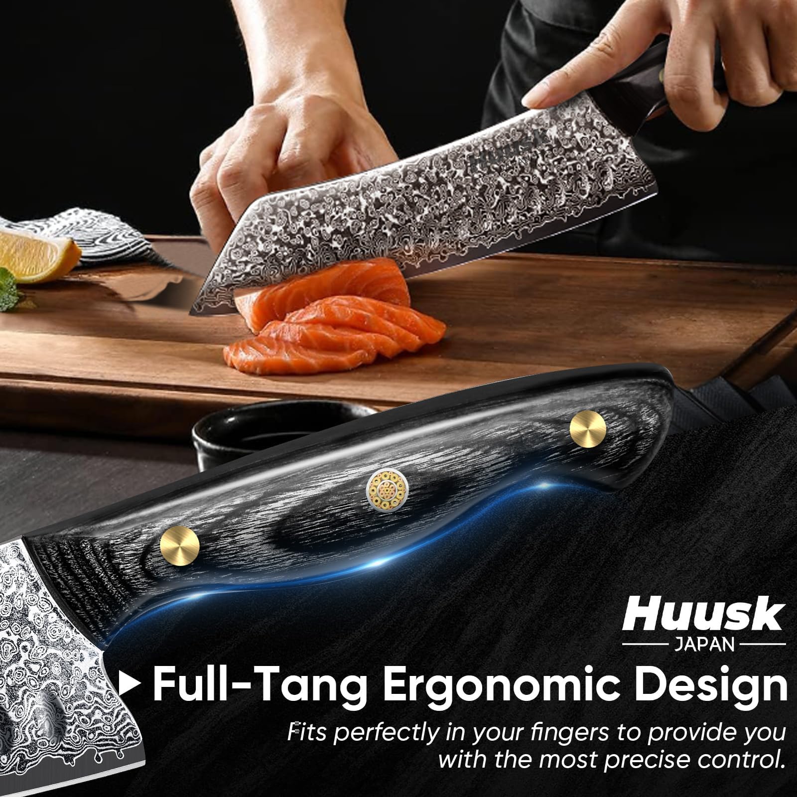Huusk Damascus Kiritsuke knife in action slicing vegetables