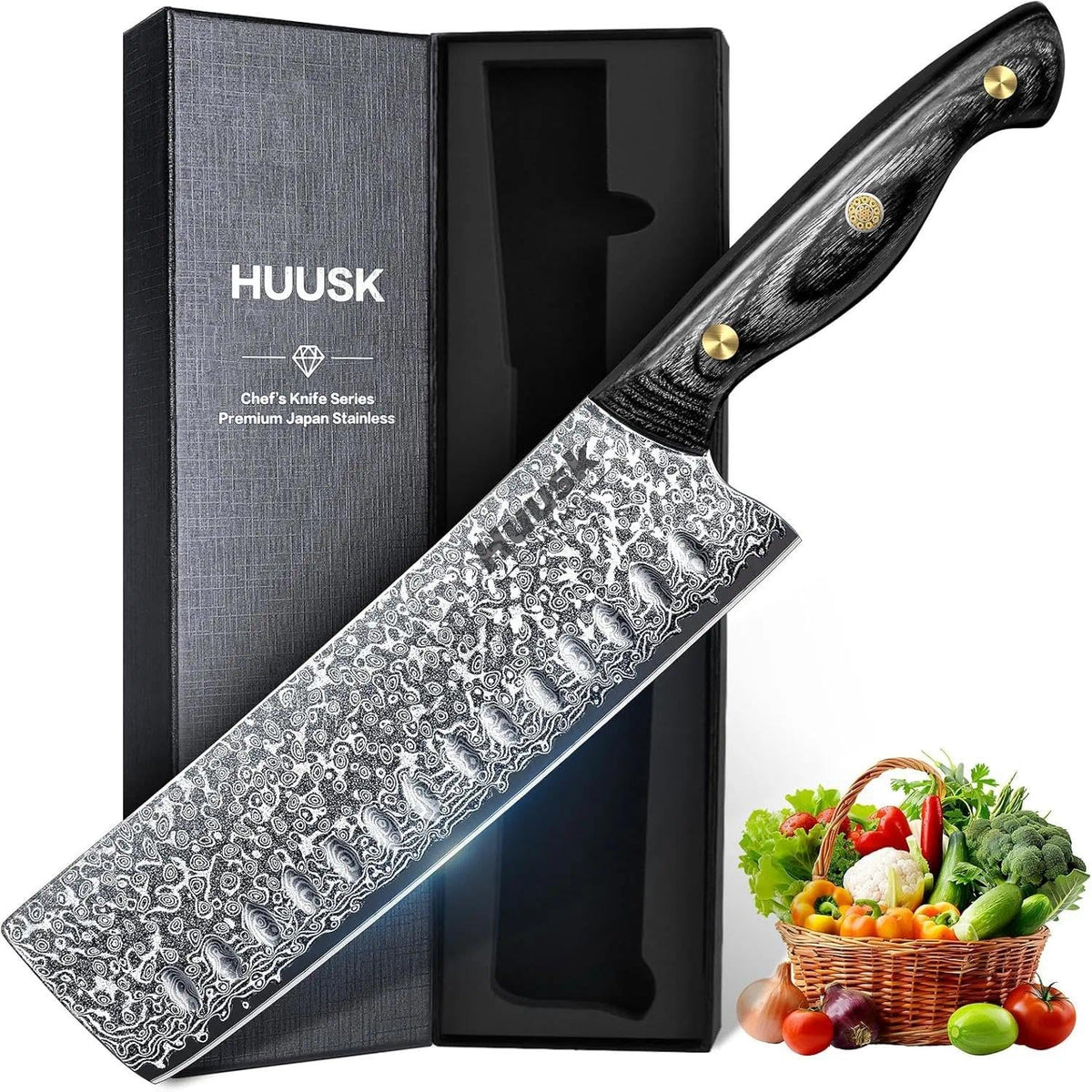 Huusk Damascus Nakiri 7-inch blade close-up highlighting a sharp edge for precise slicing