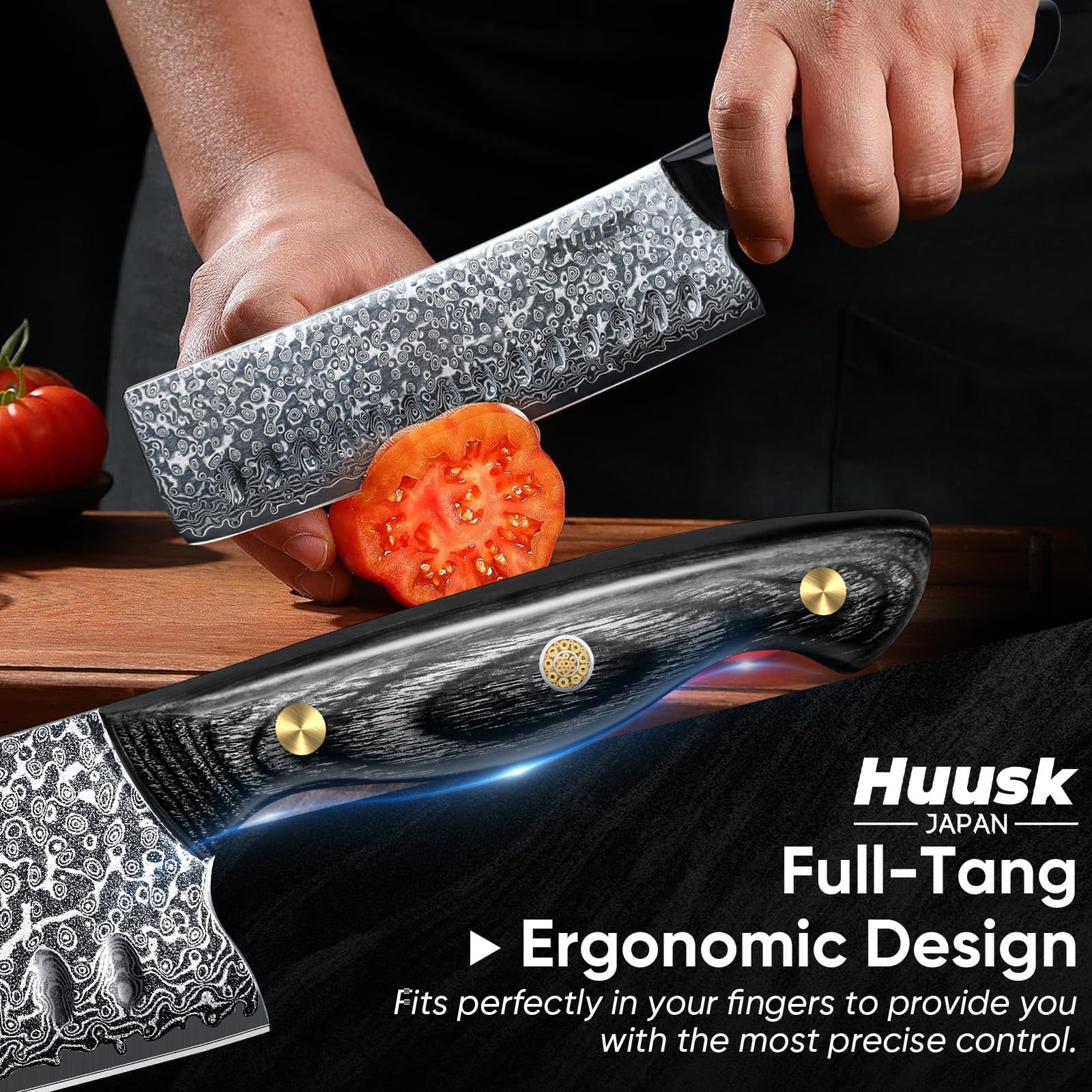 Huusk Damascus Nakiri 7-inch knife ideal for fish, meat, and fruits prep