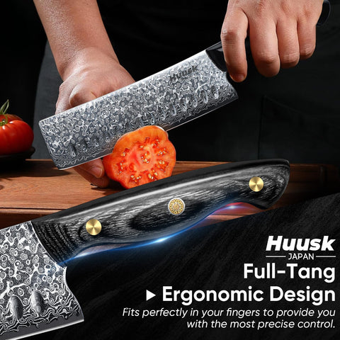 Huusk Damascus Nakiri 7-inch knife ideal for fish, meat, and fruits prep