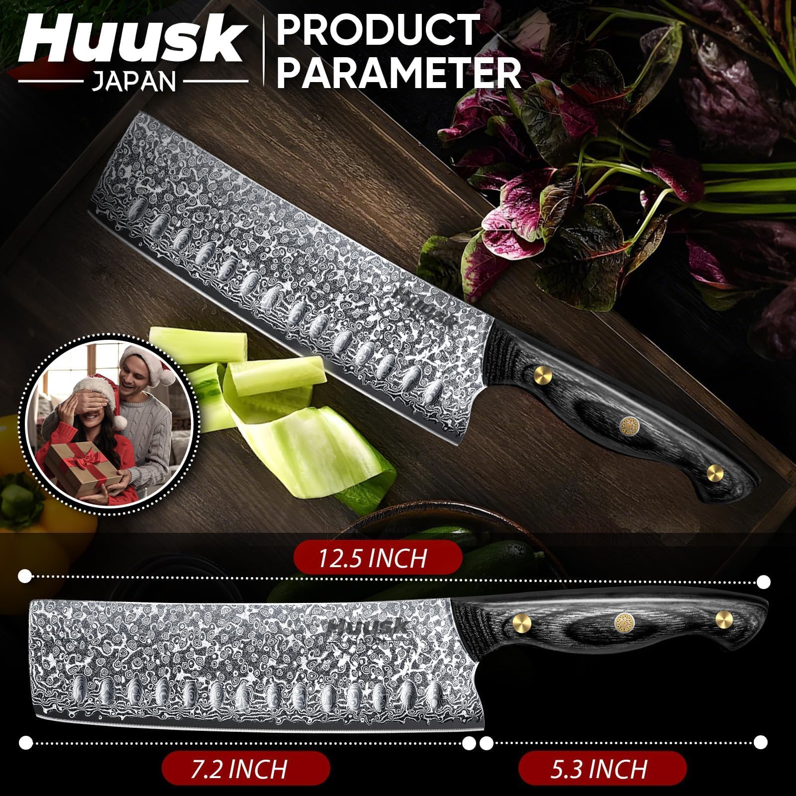 Huusk Damascus Nakiri 7-inch knife shown in elegant gift-ready packaging
