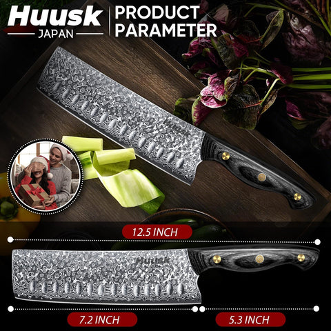 Huusk Damascus Nakiri 7-inch knife shown in elegant gift-ready packaging