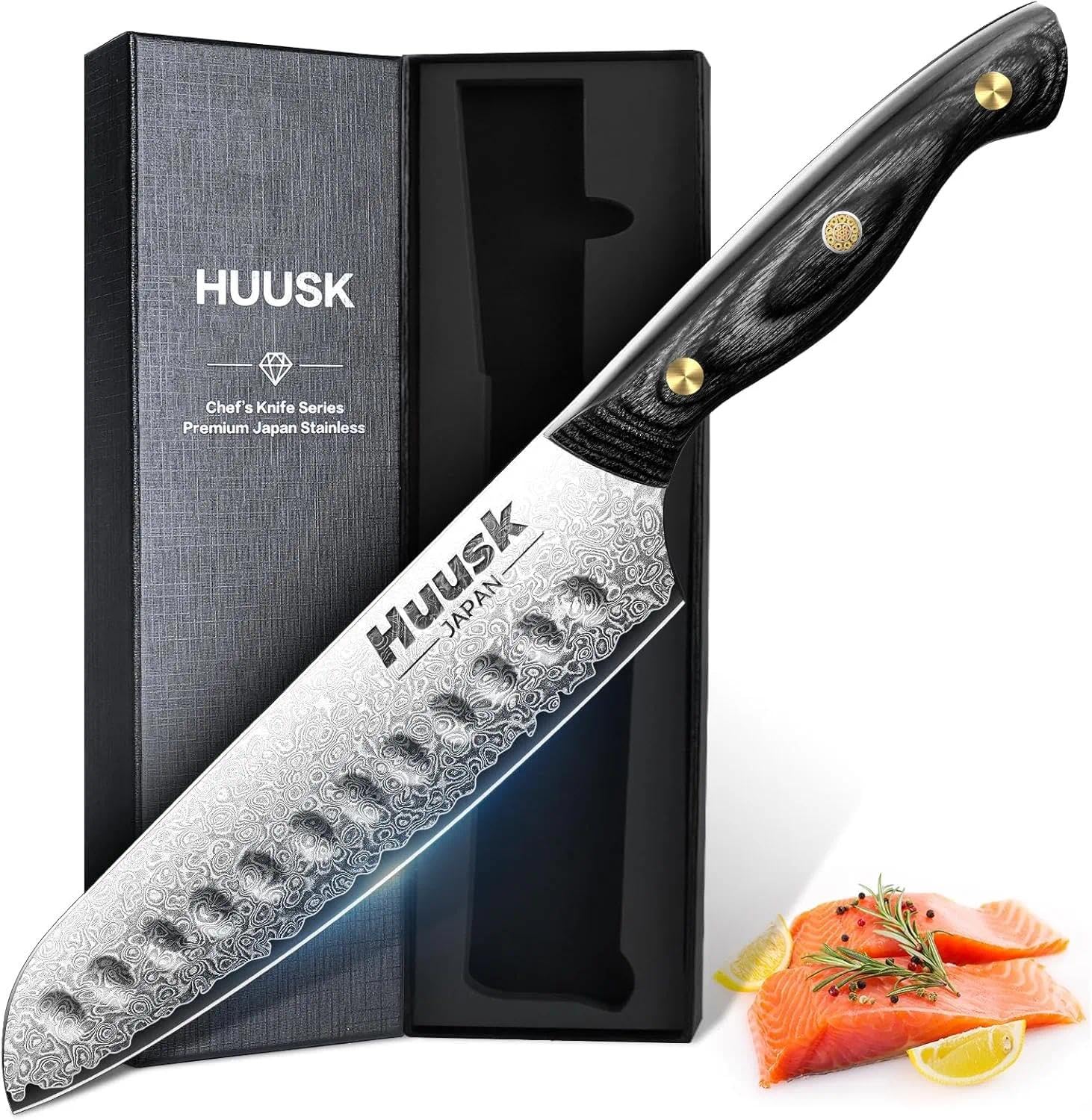 Huusk Damascus Santoku Knife 7-inch blade close-up showing sharp edge for precise chopping