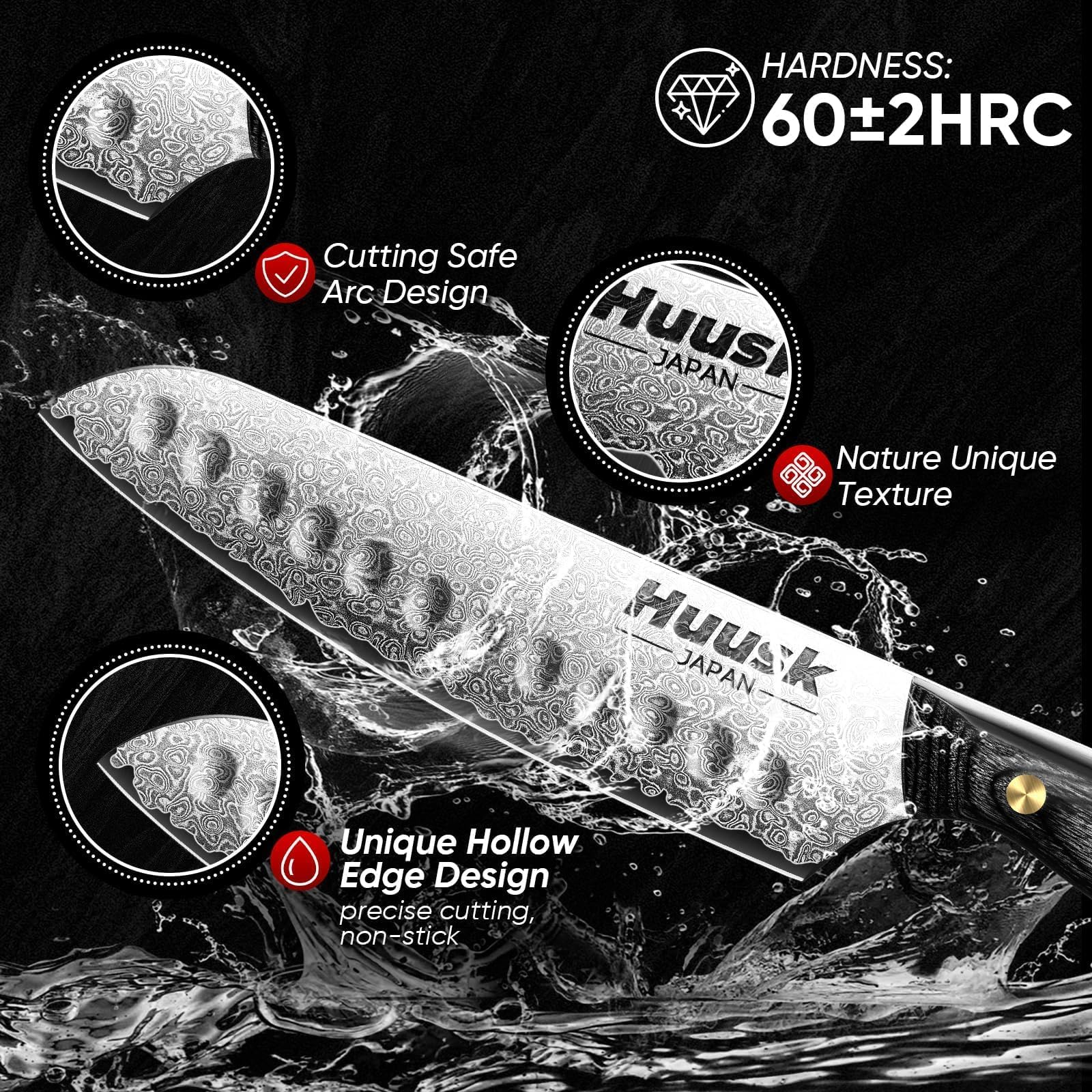 Huusk Damascus Santoku Knife 7-inch Damascus pattern close-up shows craftsmanship