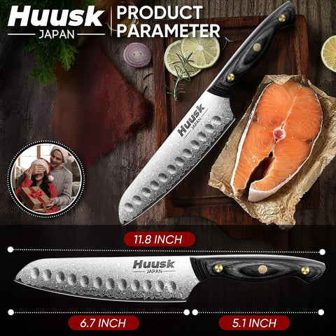 Huusk Damascus Santoku Knife 7-inch in kitchen setup emphasizing balance and control