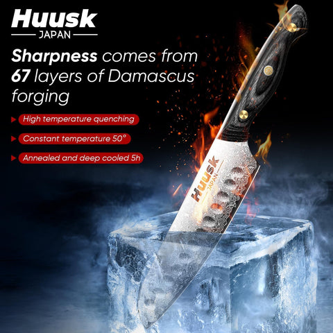 Huusk Damascus Santoku Knife 7-inch wooden ebony handle detail highlights ergonomic grip