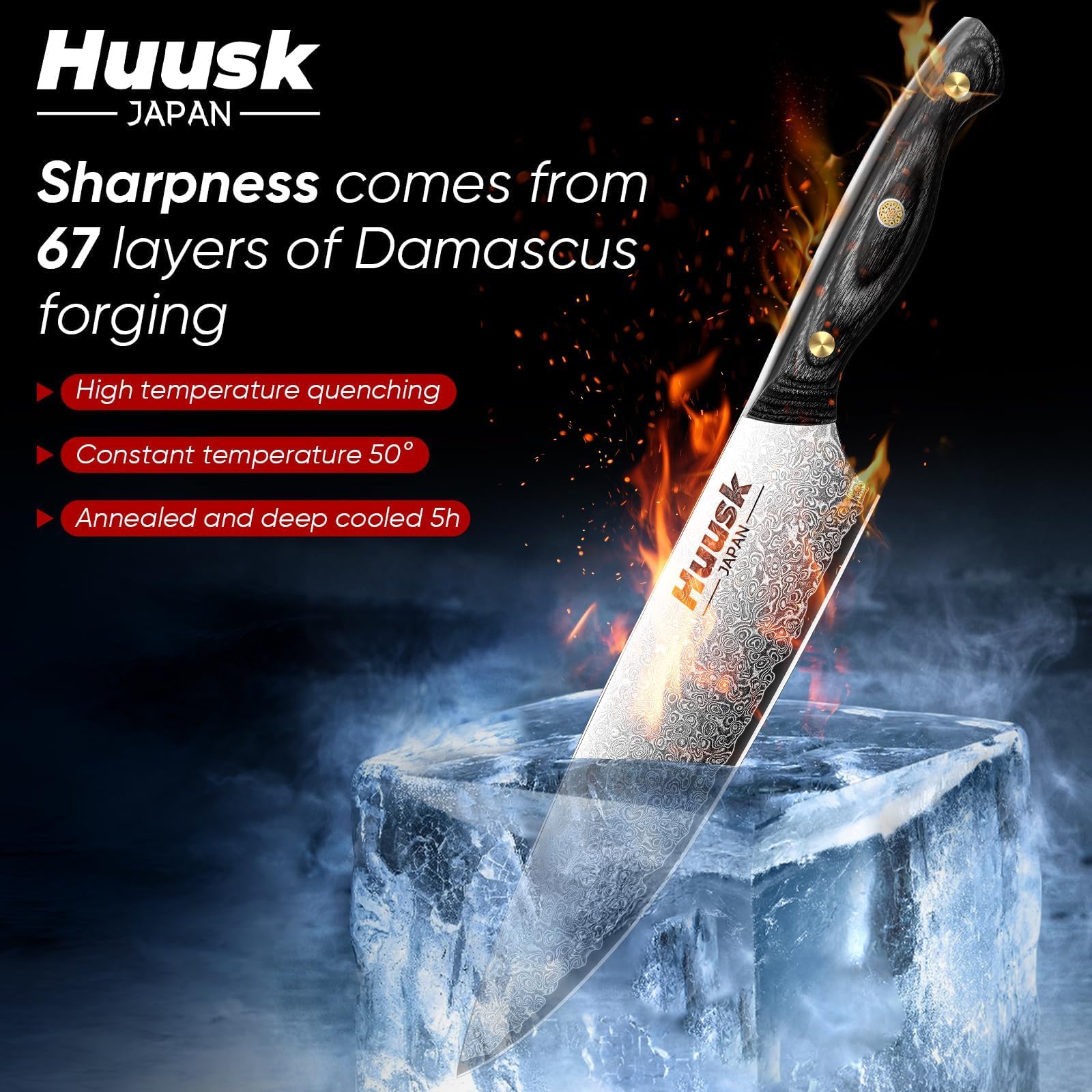 Huusk Damascus Santoku knife Ebony handle closeup for ergonomic grip