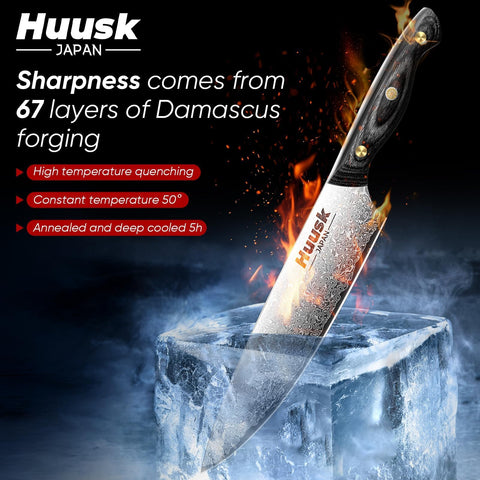Huusk Damascus Santoku knife Ebony handle closeup for ergonomic grip