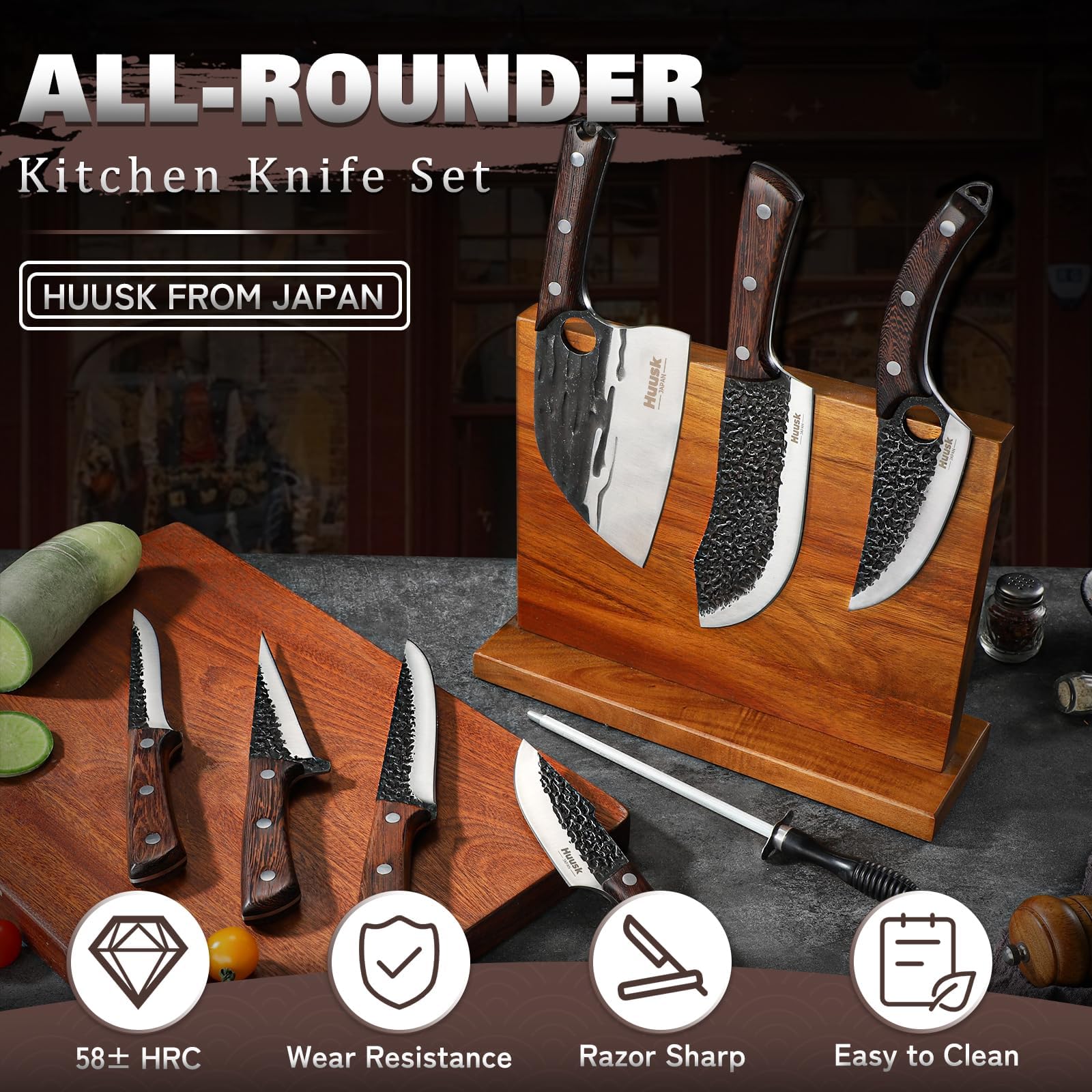 Ergonomic Huusk handle on hand-forged blades offering comfortable grip.