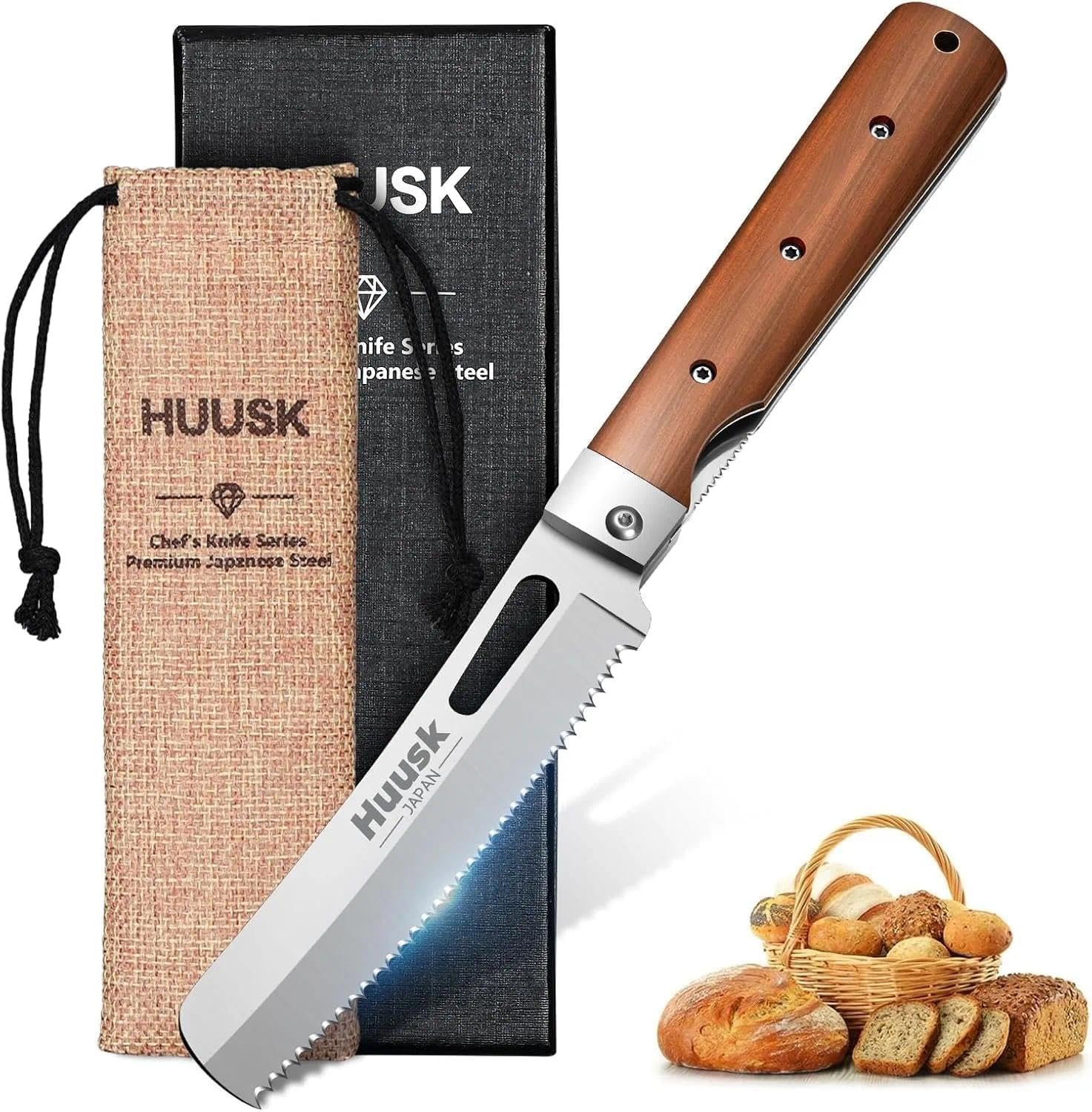 Huusk folding bread knife open shows precise, effortless slicing for crusty loaves