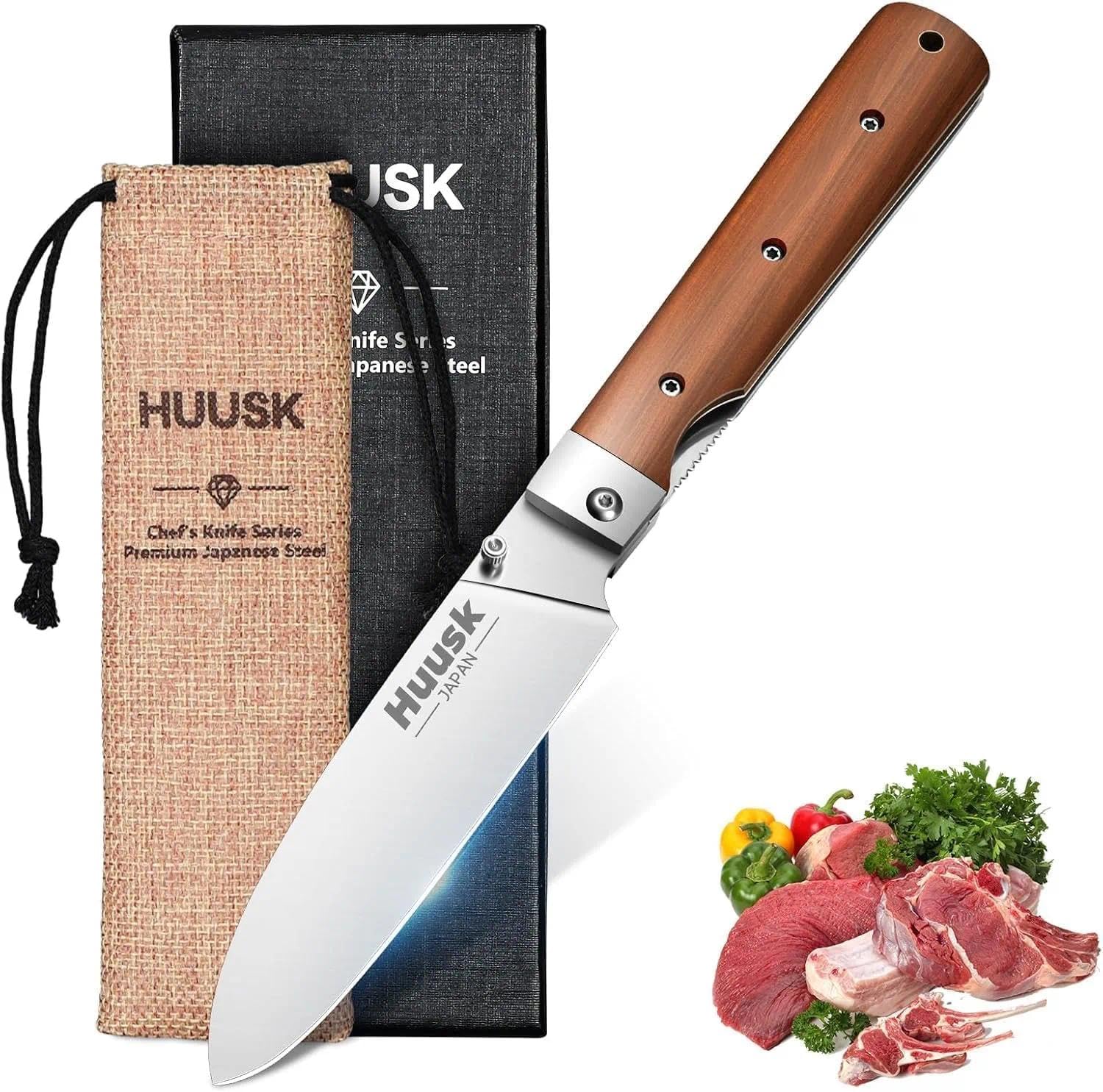 Huusk Folding Chef Knife blade close for precise cuts on the go