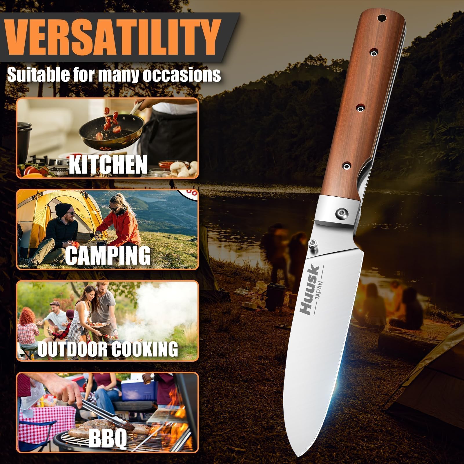 Huusk knife slicing vegetables and fruits with controlled motion
