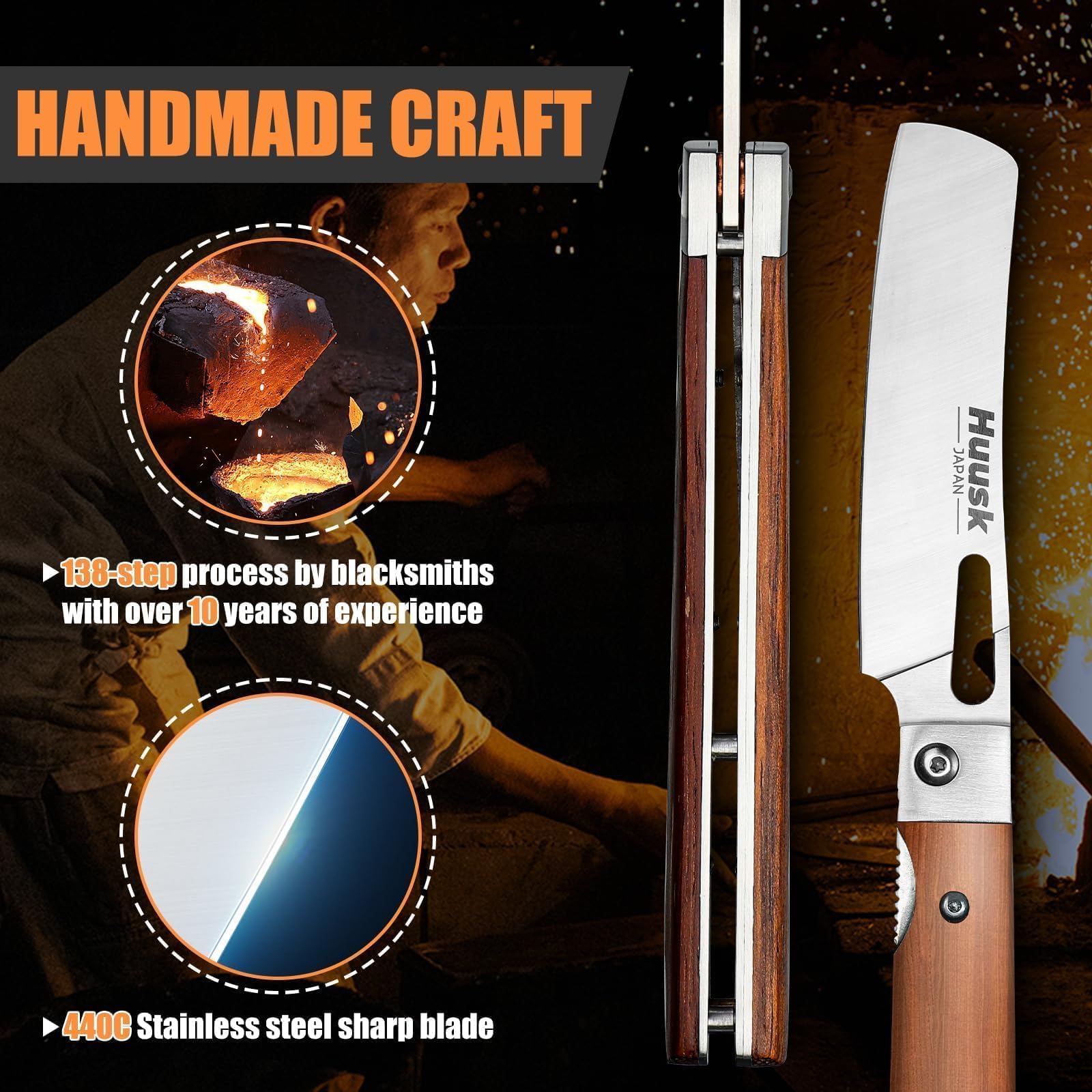 Compact folding design of Huusk Nakiri knife for portable kitchen and outdoor use.