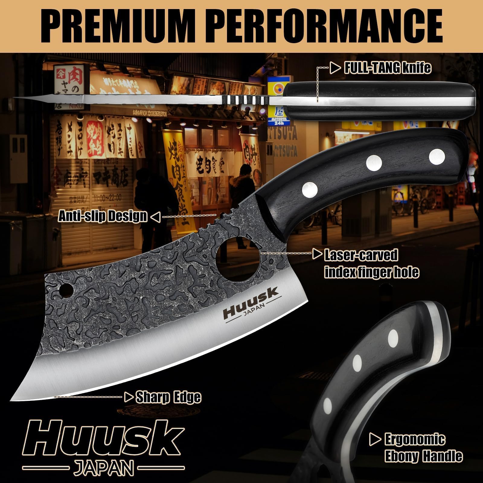 Huusk full tang ebony handle provides stable, fatigue-free cutting.